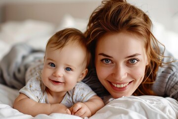 Cute happy baby and mother lying on a white bed, smiling at the camera