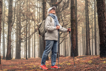 Smiling senior woman with backpack walking in mountain forest on a foggy day with the help of poles enjoying nature, freedom and free time. Forest background with bare trees