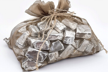 Bag of old silver bullionisolated on solid white background.