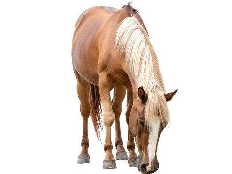 Front view horse is grazing and eating grass with head down isolated on white or transparent background, png clipart, design element. Easy to place on any other background.