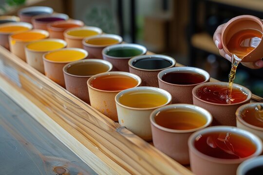 Hand pouring tea into a row of clay cups, each filled with different shades of tea, in a tea tasting session.