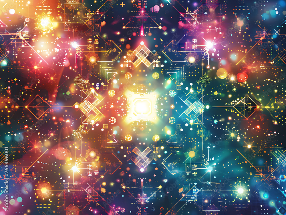 Poster abstract kaleidoscope of colorful symbolic patterns in intricate design