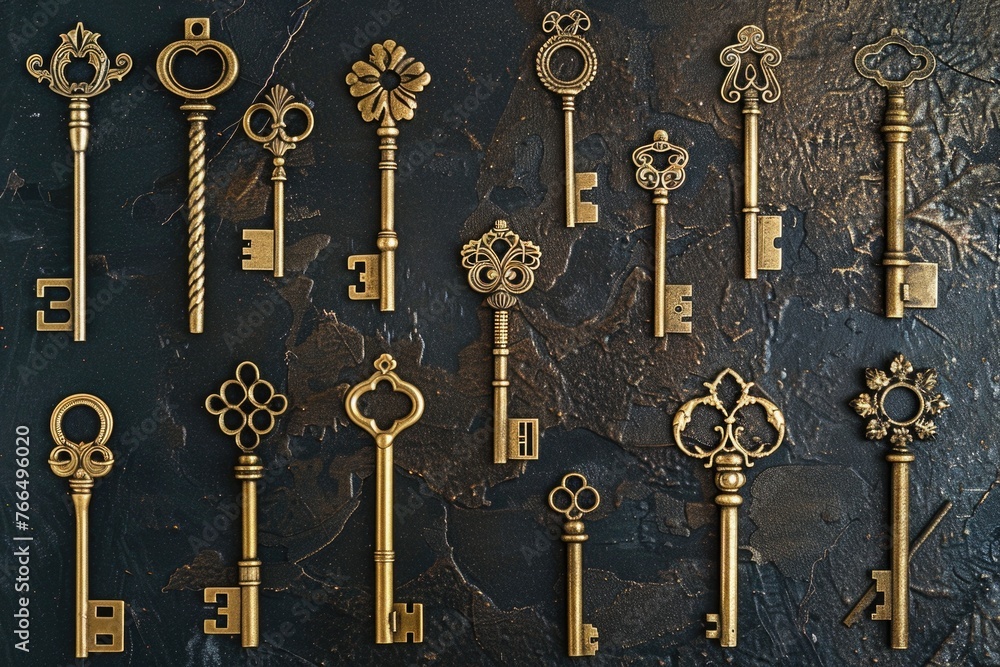 Poster A bunch of keys arranged neatly on a table. Ideal for locksmith or security concept