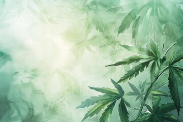 Watercolor cannabis leaves on abstract misty background, marijuana foliage illustration - obrazy, fototapety, plakaty