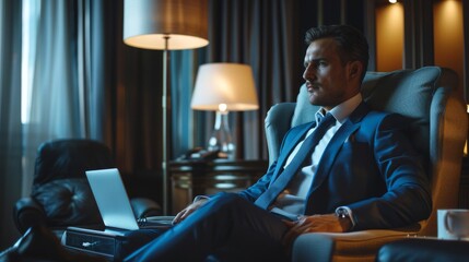 A wealthy entrepreneur conducting a business meeting in a luxury hotel suite,  negotiating deals and making strategic decisions - obrazy, fototapety, plakaty