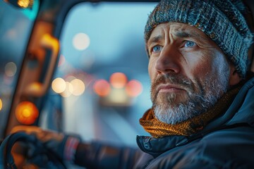 Close-up of a contemplative truck driver in a knit hat, with frost on his beard and bokeh lights in the background.
