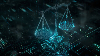 Digital Representation of Justice Scales on a Circuit Board Background