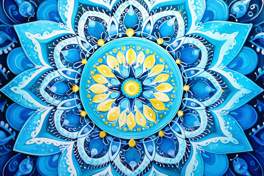 Tranquil mandala art in cool blue tones for mindfulness, concentration, and peaceful reflection. Blue mandala with dot patterns designed for mindfulness and art therapy. Meditation and art therapy.