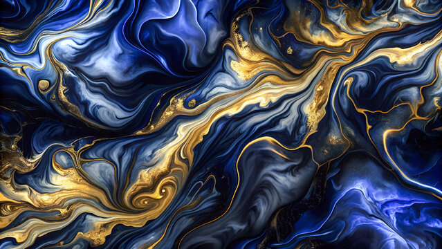 Blue and gold liquid ripple pattern, fluid waves background. Generative ai