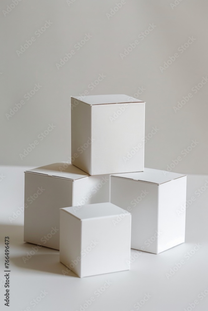 Poster three white boxes on a table, suitable for various concepts