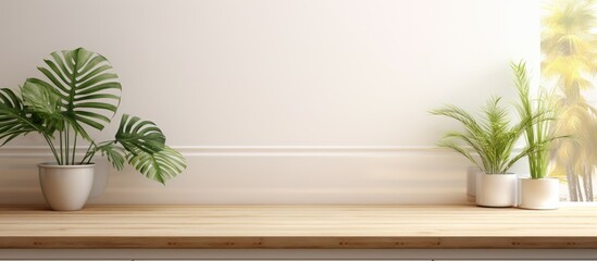 Two potted green plants displayed on a rustic wooden shelf in a cozy indoor setting - obrazy, fototapety, plakaty