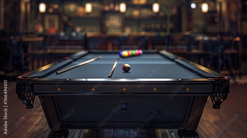 Poster A pool table in a room with wooden floors. Suitable for recreational or interior design concepts
