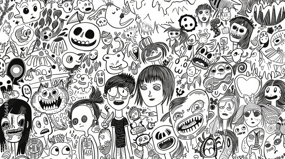 Poster A large group of cartoon characters in black and white. Suitable for various design projects