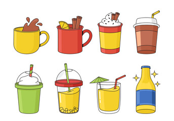Cups Filled With Various Drinks, From Steaming Coffee, Tea, Frothy Milkshake or Latte To Refreshing Juices, Cocktails