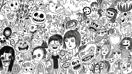 A large group of cartoon characters in black and white. Suitable for various design projects