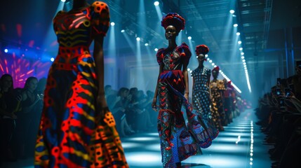 A wealthy fashion designer showcasing their latest collection at a runway show,  with models strutting down the catwalk in avant-garde designs