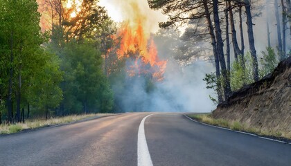Close-up of a deserted street. In the background a forest is on fire.