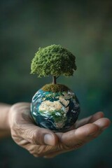 Person holding a small tree on top of a globe, ideal for environmental concepts