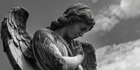 A black and white photo of an angel statue. Suitable for various projects