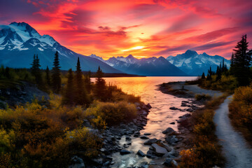 The Divine Artistry: A Serene Lake Resting in the Lap of Misty Mountains Under a Twilight Sky - obrazy, fototapety, plakaty
