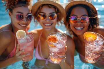 Three friends cheerfully toasting with pink cocktails in a pool, wearing sunglasses and hats.