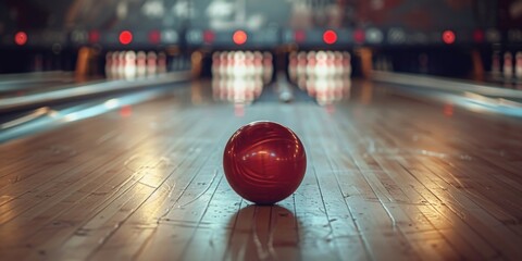 A red bowling ball placed on a wooden floor. Ideal for sports or leisure concepts - obrazy, fototapety, plakaty