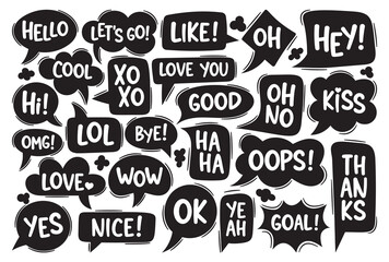Black and White Dialog Speech Bubbles. Hello, Lets Go, Like, Ho and Hey. Cool, Hi, Xo Xo and Love You. Good, Oh No, Kiss