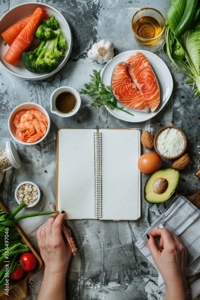 Poster person writing in a notebook surrounded by various food items. ideal for food bloggers or recipe wri