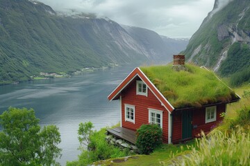 Fototapeta na wymiar A quaint small red house with a charming green roof. Ideal for real estate or architecture concepts