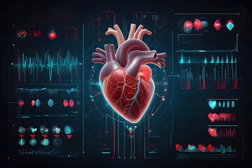 Futuristic medical research or heart cardiology health care with diagnosis vitals infographic biometrics for clinical designers and hospital design. - obrazy, fototapety, plakaty