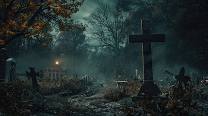 A spooky cemetery at night with a cross in the foreground. Suitable for Halloween themes