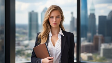 Fototapeta premium Confident businesswoman standing in front of a window with a cityscape view