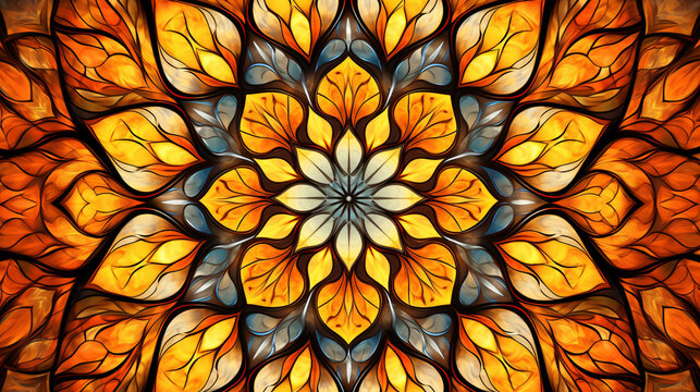 Mandala background with stained glass effect and primary colors. Kaleidoscope art lovers and artistic design. Mandala patterns with stained glass and kaleidoscope effect for dynamic backgrounds.
