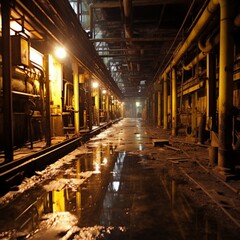Naklejka na ściany i meble A dark and eerie factory building with yellow lights reflecting off the wet floor