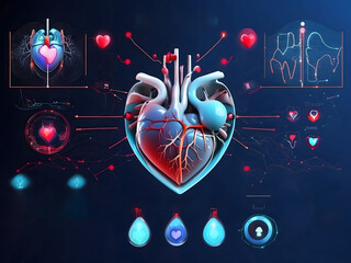 Futuristic medical research or heart cardiology health care with diagnosis vitals infographic biometrics for clinical designers and hospital design.