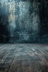 Blue grunge wall and wooden floor - obrazy, fototapety, plakaty
