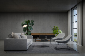 Empty concrete wall with sofa and window. 3d rendering of interior space with lake view background.