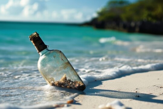 A message in a bottle at a tropical beach.