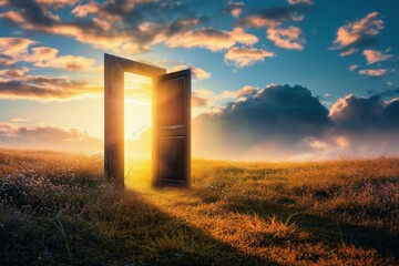 An open door on a meadow with bright light coming out of the door.