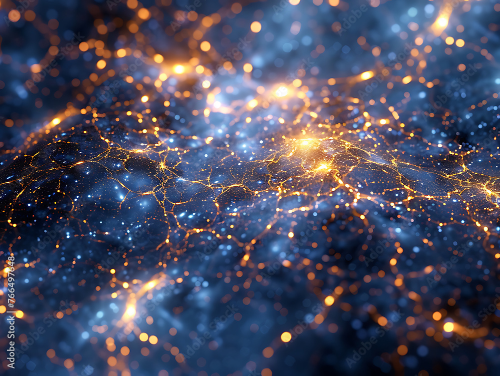 Poster abstract cosmic web of interconnected colorful lines and shapes on dark background.