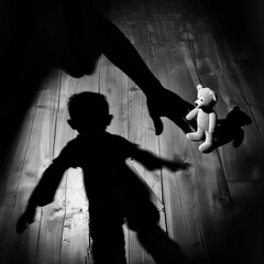 Child abuse: You can see the shadow of a man and a young boy, the man is reaching out for the teddy bear of the boy - obrazy, fototapety, plakaty