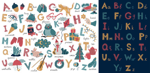 Children alphabet. English font letters. Flower and forest animals. Typography words on school learn poster. Uppercase and lowercase. Words vocabulary. Kids education. Vector study banner