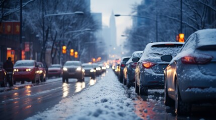 Snowy city street with cars