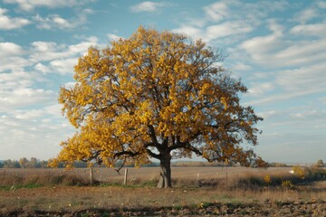 Fototapeta premium A solitary tree standing tall in a vast field under a beautiful sky. Ideal for nature and landscape themes