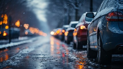 Snowy street with parked cars - obrazy, fototapety, plakaty