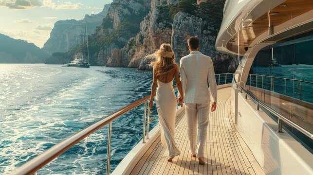 A wealthy couple embarking on a luxury cruise around the world,  exploring exotic ports of call and indulging in pampering amenities onboard