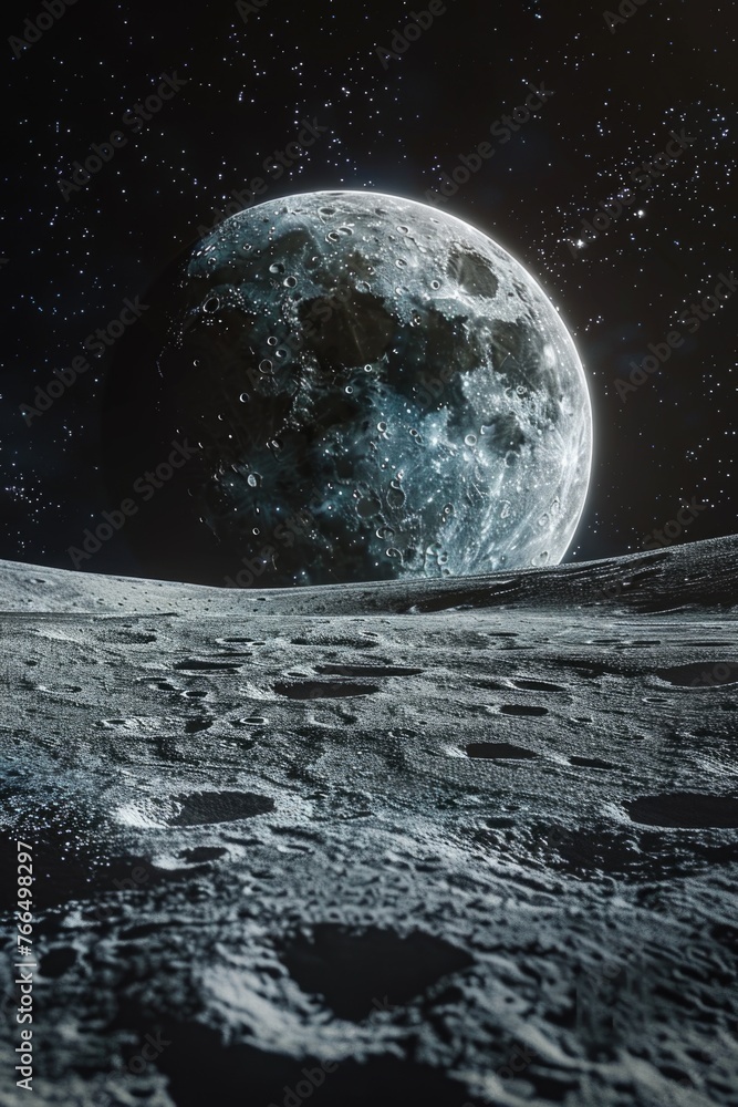 Aufkleber a unique perspective of the moon's surface with earth in the background. ideal for scientific projec