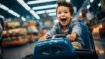 Little boy having fun riding a toy car in a supermarket - obrazy, fototapety, plakaty