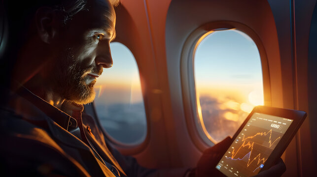 The Setting Sun Reflects Success: A young man, a 3D stock market graph, and a bright future.