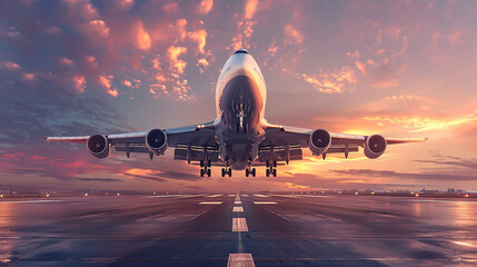 Photo of an airplane taking off from the airport runway at sunset, with a beautiful sky in the background. - obrazy, fototapety, plakaty